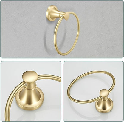 Hoimpro Brushed Gold 4-Piece Bathroom Bath Set, Wall Mount Bathroom Hardware Fixture (Adjustable Towel Bar Rack, Towel Ring Holder, Paper Towel Holder, Double Towel Hook), Bathroom Accessories