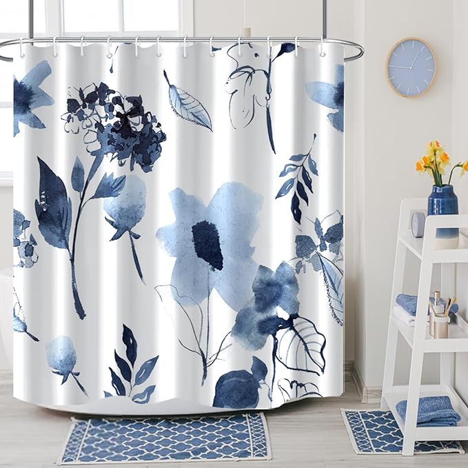 AWERT Blue Floral Watercolor Ink Flowers Shower Curtain With Hooks - Waterproof Fabric for Bathroom Decor 72x78inch