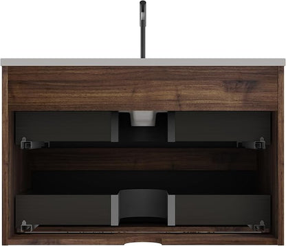 30'' Floating Bathroom Vanity with Sink Combo, Modern Bathroom Cabinet with 2-Soft Close & Large Storage Drawers, for Small Space, Apartment, Hotel, Black and Walnut