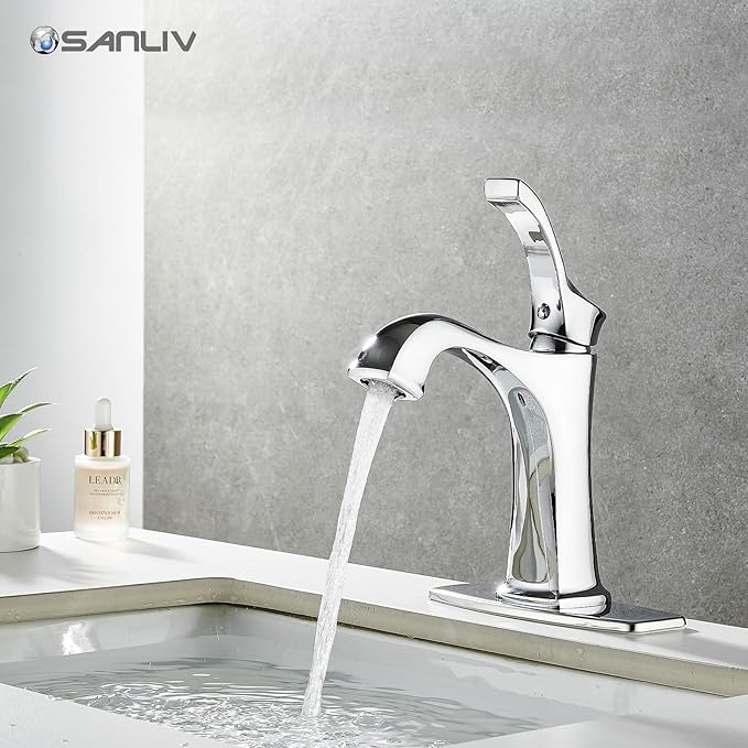 Chrome Bathroom Faucet, Sanliv Single Handle Centerset Bathroom Sink Faucet with Pop-Up Drain & Deck Plate for 1 or 3-Hole (4 inch) Installation, Modern Farmhouse Vanity Faucet, Polished Chrome