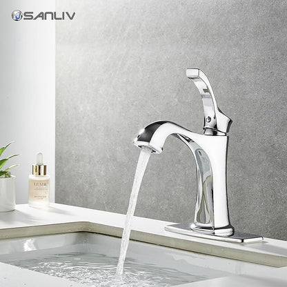 Chrome Bathroom Faucet, Sanliv Single Handle Centerset Bathroom Sink Faucet with Pop-Up Drain & Deck Plate for 1 or 3-Hole (4 inch) Installation, Modern Farmhouse Vanity Faucet, Polished Chrome
