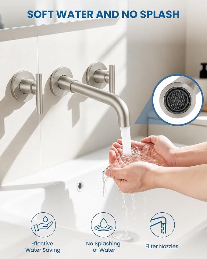Airuida Wall Mounted Bathroom Sink Faucet,Brushed Nickel Vanity Sink Faucet | Lever Handle,3 Holes,360° Widespread Swivel Spout,Rotatable Bathroom Faucet