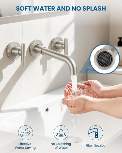 Airuida Wall Mounted Bathroom Sink Faucet,Brushed Nickel Vanity Sink Faucet | Lever Handle,3 Holes,360° Widespread Swivel Spout,Rotatable Bathroom Faucet