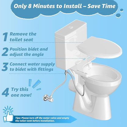 Huttdmel Ultra-Slim Bidet Attachment for Toilet, Non-Electric Dual Nozzle (Rear & Feminine Wash), Adjustable Water Pressure, Easy to Install, Fits Most Toilets, Stainless Steel Hose, Grey & White