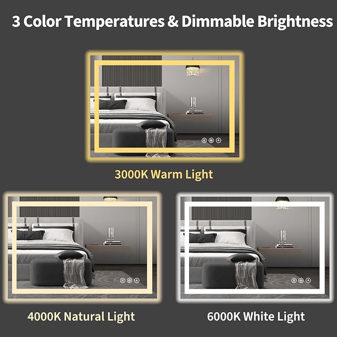 Koonmi 38x26 LED Bathroom Mirror, Shatterproof Mirror with Light | 90CRI Vanity Mirror with Anti-fog Backlit + Front Lit, 3 Color, Easy Install for Bathroom Hotel (IP65)