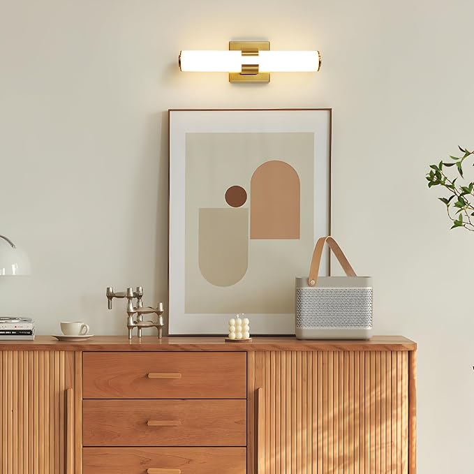 Gold Bathroom Light Fixtures - 16 Inch Modern Vanity Light 15W 5CCT Dimmable LED Bathroom Sconce with Acrylic Shade, Indoor Vanity Lighting Fixtures Over Mirror