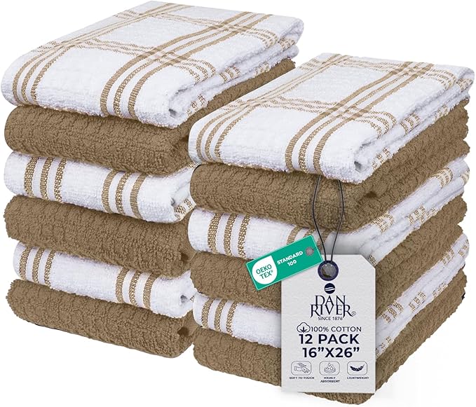DAN RIVER Tan Kitchen Towels, 12 Pack, 16x26 Inches Absorbent Dish Towels | 100% Cotton Absorbent Soft cotton kitchen towels for drying dishes, Quick Dry, Dish Towels for kitchen,Tea and Bar towels set