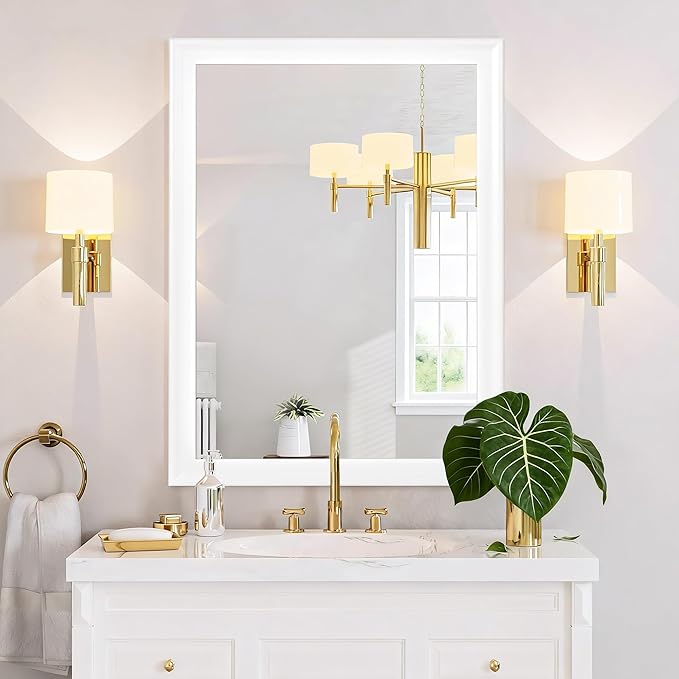 24x36 Inch White Rectangle Bathroom Mirrors for Wall | Tempered Glass, 4 Pre-Installed D-Ring Hooks, Horizontal and Vertical Wall Mount
