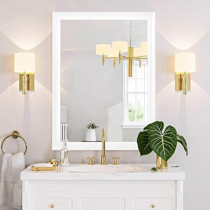24x36 Inch White Rectangle Bathroom Mirrors for Wall | Tempered Glass, 4 Pre-Installed D-Ring Hooks, Horizontal and Vertical Wall Mount