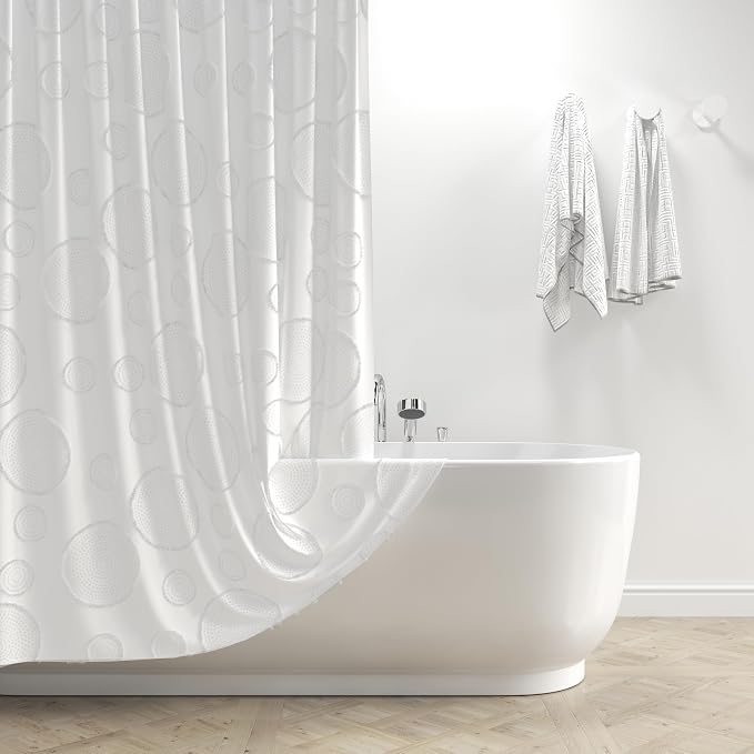 Waterproof Fabric Shower Curtain for Bathroom - Washable, 72"x72", Boho Style, Textured Jacquard, Hotel Quality, Ruffled, 12 Metal Hooks, Ivory White