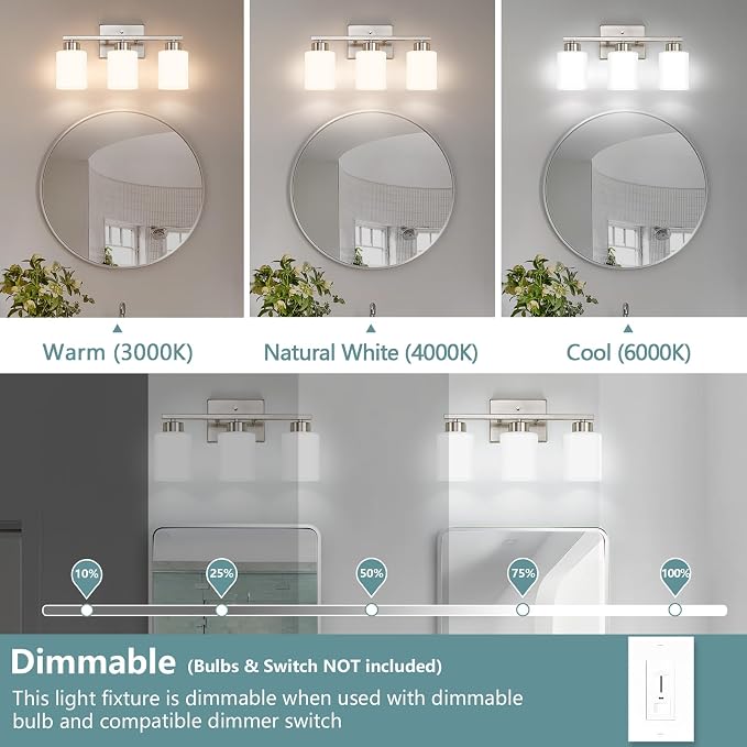 Brushed Nickel Bathroom Light Fixtures, 3-Light Modern Vanity Lights with Milky White Frosted Glass Shades, Wall Sconces for Mirror, Bathroom, Restroom (E26 Socket)