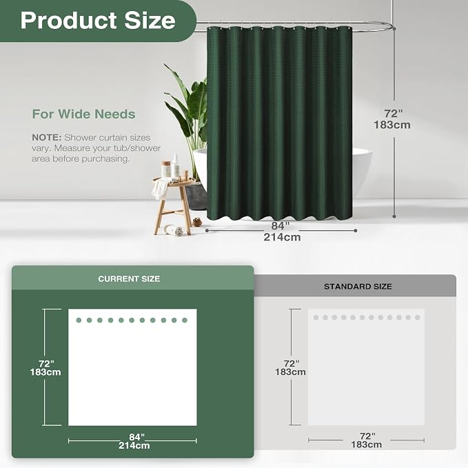 Extra Wide Waffle Shower Curtain 256 GSM Fabric 84x72 Dark Green | 84 Inch Wide, Thick Cloth, Weighted Hem, Water Repellent, Hotel Luxury Polyester Shower Curtain Set for Bathroom 14 Hooks