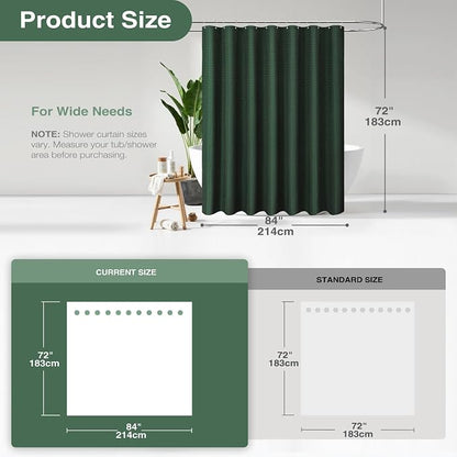 Extra Wide Waffle Shower Curtain 256 GSM Fabric 84x72 Dark Green | 84 Inch Wide, Thick Cloth, Weighted Hem, Water Repellent, Hotel Luxury Polyester Shower Curtain Set for Bathroom 14 Hooks