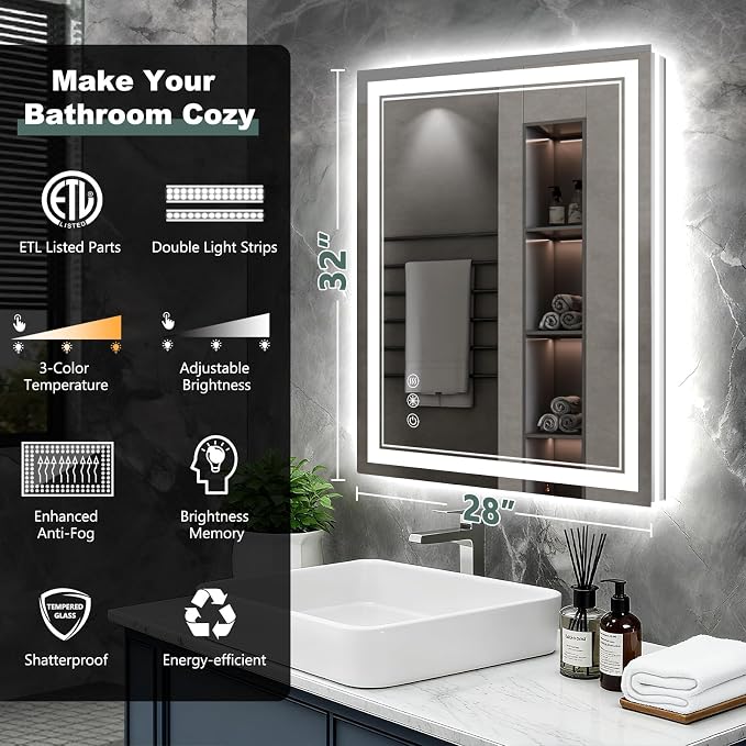 32x28 Inch LED Bathroom Mirror with Lights, 3 Colors Dimmable LED Vanity Mirror, Front and Back Lit, Anti-Fog, Memory Function, Shatterproof Tempered Glass, ETL Listed, Wall Mounted Makeup Mirror