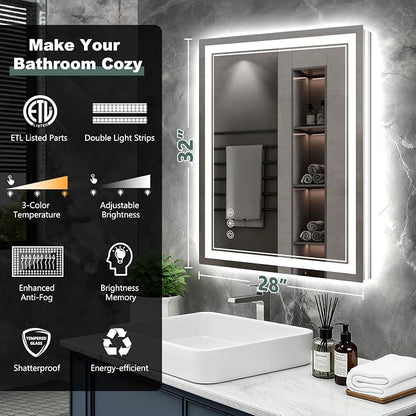 32x28 Inch LED Bathroom Mirror with Lights, 3 Colors Dimmable LED Vanity Mirror, Front and Back Lit, Anti-Fog, Memory Function, Shatterproof Tempered Glass, ETL Listed, Wall Mounted Makeup Mirror