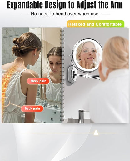 30X/1X 8 Inch Wall Mounted Magnifying Makeup Mirror with Light for Bathroom | 3500mAh Double Sided Rechargeable LED Lighted Vanity Mirror with Magnification 3 Color Light up Extended Arm 360 Rotation