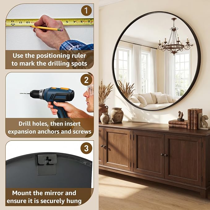 DUMOS 28 Inch Round Wall Mirror, Bathroom Mirrors for Over Sink | Matte Metal Framed Circle Mirror, Wall Decor for Bedroom, Entryway, Anti-Rust, Tempered Glass, Hanging or Leaning, Black