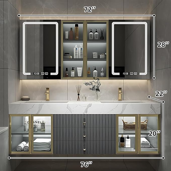 Double Bathroom Vanities with Sink, Floating Bathroom Vanity with LED Smart Defogging Mirror and Storage Cabinet, Modern Bathroom Sink Cabinet with One-Piece Sink and Countertop (Grey, 76")