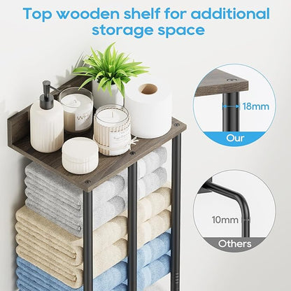 Towel Racks for Bathroom Wall Mounted with Wooden Storage Shelf, Updated 3 Bar Metal Towel Holder for Rolled Towels, Sturdy and Large Capacity, Towel Storage Organizer