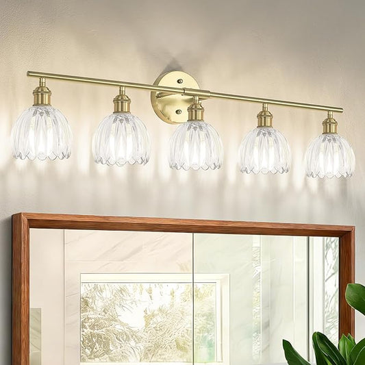 Vintage Bathroom Light Fixtures,5-Light Hardwired Vanity Lights with Clear Tulip Glass Shade,Gold Bathroom Vanity Light for Mirror Restroom,E26 Socket,33.46 in(Bulbs Not Included)