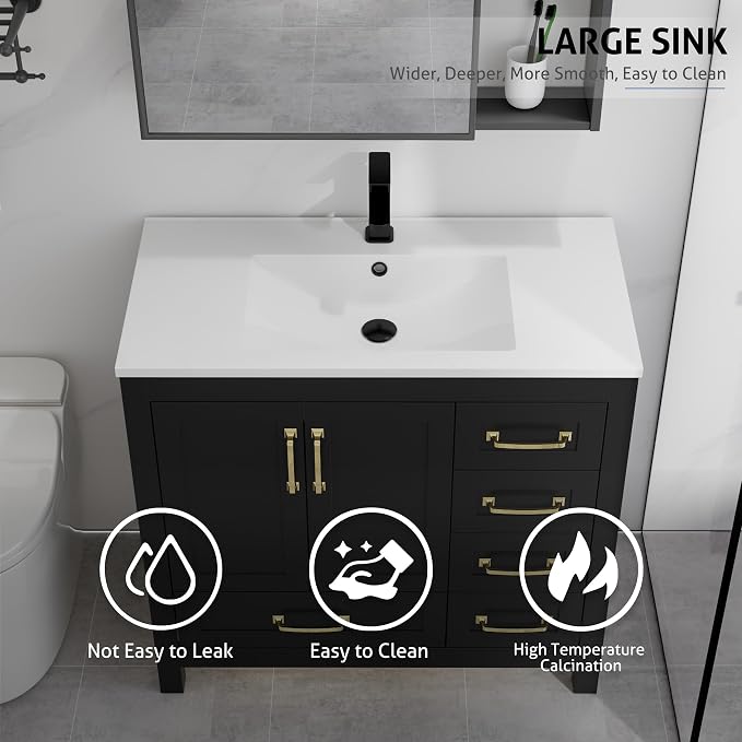 LUCKWIND 36" Bathroom Vanity and Sink Combos, Modern Bathroom Storage Cabinet with Ceramic Sink, Matte Black Faucet and 5 Drawers, Mirror is NOT Included, Black