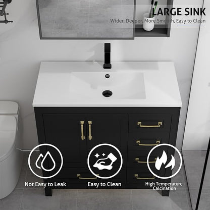 LUCKWIND 36" Bathroom Vanity and Sink Combos, Modern Bathroom Storage Cabinet with Ceramic Sink, Matte Black Faucet and 5 Drawers, Mirror is NOT Included, Black