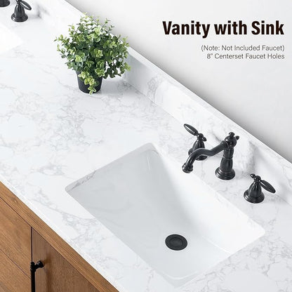 HOMEBEYOND 72" Bathroom Vanity with Double Sink & Ceramic Top, MDF Material Vanity Cabinet with Basin Combo, Soft-Closing Doors, Removable Shelf, Backsplash, Tan
