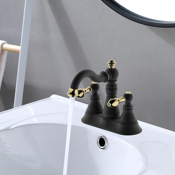 Two Handle Bathroom Faucet,Matte Black with Polished Brass Trim Bathroom Sink Faucet 3 Hole with Overflow Pop up Drain,4 Inch Centerset with 360° Swivel Spout,F-0048-MG