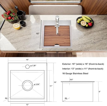 Bar Sink, 15 x 15 Inch Bar Sink Drop In, Stainless Steel Square Topmount Workstation Small Kitchen Sink, Single Bowl Kitchen Sink for Office Laundry Wet Bar Prep RV Outdoor Yard