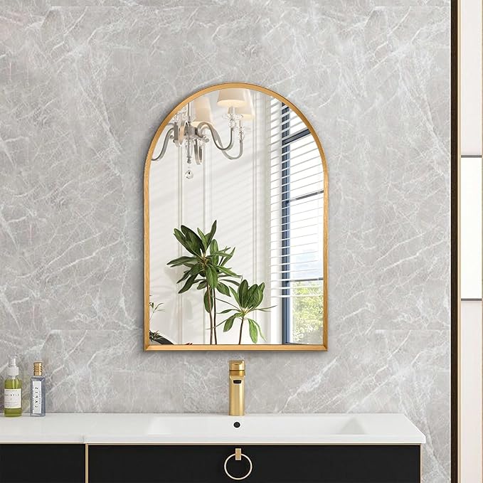 Arched Bathroom Mirror, Wall Mounted Mirror Gold Arch Mirror Aluminum Alloy Frame Bathroom Mirror Living Room, Bedroom, Bathroom and Entryway 20"x16"