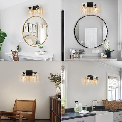 Refice 2-Light Bathroom Vanity Lights Crystal Glass, Black | Bathroom Light Fixtures Vanity Lighting Over Mirror for Living Room Farmhouse, Hallway