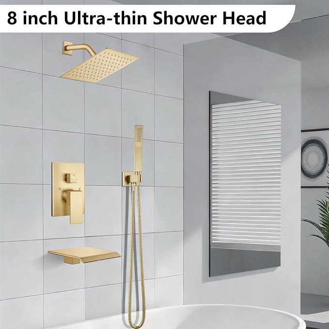 Midanya Shower System with Tub Spout,8 Inch Shower Head,Brushed Gold | with Valve & Trim Kit,Square Rain Head,Handheld Sprayer,Waterfall Spout,All Metal Wall Mount Bathroom Shower Tub Faucet Set