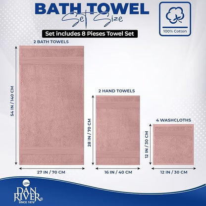 DAN RIVER 8 Piece Luxury Bath Towels for Bathroom, Towel Set, Dusty Rose | 2 Bath towels, 2 Hand towels, and 4 Wash Cloths, 600 GSM 100% Ring Spun Cotton, Highly Absorbent, Gym, Hotel, guest, and Spa