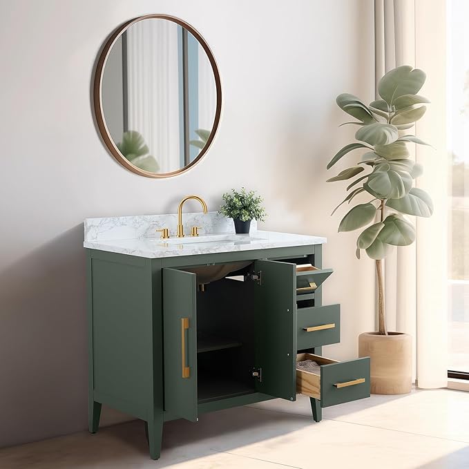 Vanity Art 36 inch Bathroom Vanity with Single Sink & Ceramic Top, Vanity Cabinet with Soft-Closing Doors, Drawers, Solid Wood Frame, Vintage Green, VA9036-VG-GB1