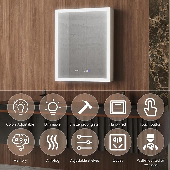 24 in. W Smart Lighted Medicine Cabinet with Mirror for Bathroom, Recessed/Surface Mount Medicine Cabinet with Anti-Fog, 1800W Charging Station, USB Ports, 3 Color Lights, Right Open