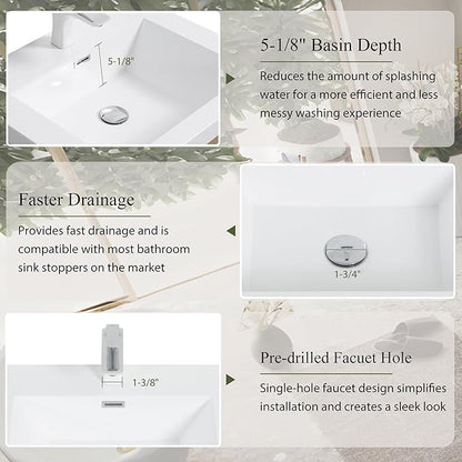 Modern 30" Wall-Mounted Bathroom Vanity with Sink | Floating Storage Cabinet, Stone Resin Countertop, Soft Close Drawers | Natural Oak