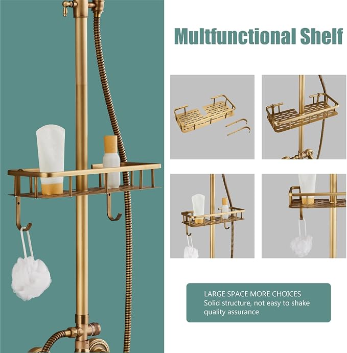 Heyalan Antique Brass Exposed Pipe Shower System 8 Inch Rainfall Shower Head Fixture Combo Set Single Handle with Handheld Sprayer Bathroom Shower Faucet Adjustable Showerhead Bar with Shower Shelf