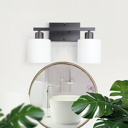 SILAMPDI 2-Light Bathroom Vanity Light Fixtures Over Mirror Matte Black | Modern Milky White Frosted Glass Shades, Anti-Rust Wall Sconce for Bedroom Restroom, E26 Socket, Bulbs Not Included