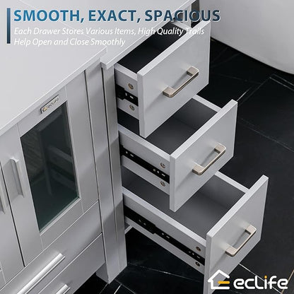 eclife 72" Modern Bathroom Vanity Sink Combo Freestanding Cabinet with Small Side Cabinet, Clear Round Glass Vessel Sink, Water Save Faucet, Drain (Gray+A16)