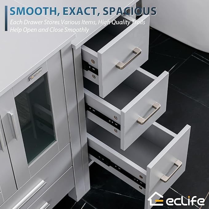 eclife 84" Modern Bathroom Vanity Sink Combo Freestanding Cabinet with Small Side Cabinet, White Rectangle Ceramic Vessel Sink, Water Save Faucet, Drain (Gray+T03)
