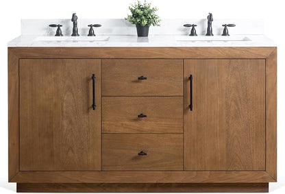 HOMEBEYOND 60" Bathroom Vanity with Double Sink & Ceramic Top, MDF Material Vanity Cabinet with Basin Combo, Soft-Closing Doors, Removable Shelf, Backsplash, Tan
