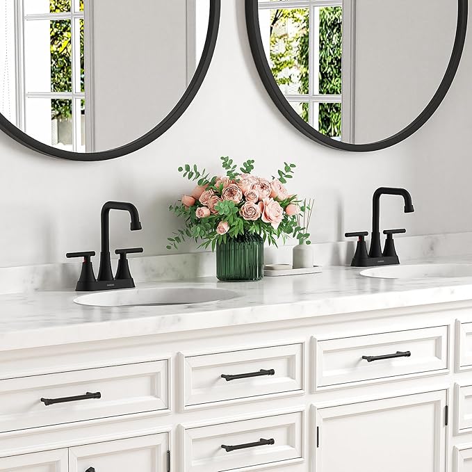 Matte Black Bathroom Sink Faucet, Hurran 4 inch Bathroom Faucets for Sink 3 Hole with Pop-up Drain and Supply Hoses, 360 Swivel Spout Centerset Faucet for Vanity RV Farmhouse, 2 Pack