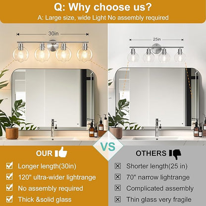Bathroom Light Fixtures Over Mirror 4-Lights Bathroom Vanity Light with Clear Globe Glass Shade 29.5 inch Modern Brushed Nickel Vanity Lights Wall Sconce Lighting for Bath
