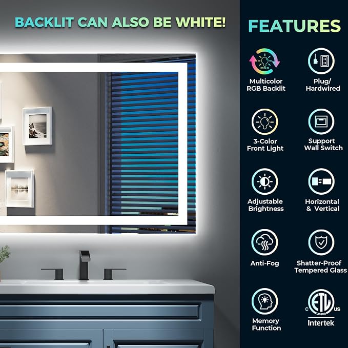 60x38 LED Bathroom Mirror with Lights, RGB Backlit Lighted Mirror | Backlit and Front Light, Anti-Fog, 3 Color Dimmable, Memory, Tempered Glass, IP54 Waterproof, UL Listed