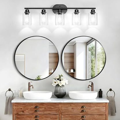 Unicozin 5 Light Bathroom Light Fixtures,33.5 Inch Vanity Lights for Bathroom, Lacquered Black Wall Lamp with Clear Glass for Mirror, Living Room, Hallway, Cabinet, E26 Base
