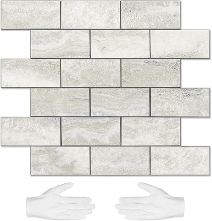 STICKGOO 10-Sheet Peel and Stick Backsplash on Subway Tile, Beige | Stone Texture with Grey Grout, Waterproof, Self Adhesive PVC Wall Tiles for Kitchen, Bathroom, Fireplace