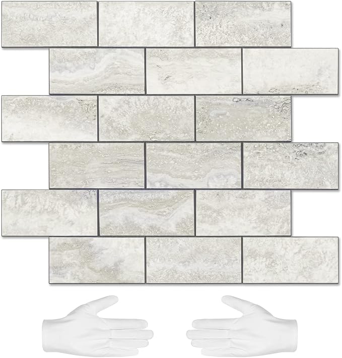 STICKGOO 20-Sheet Subway Tile Peel and Stick Backsplash - Beige Stone Texture With Grey Grout for Kitchen, Bathroom, RV, Fireplace - PVC Wall Tiles