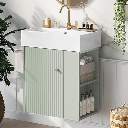 Merax 20" Floating Wall Mounted Bathroom Vanity, Modern Bathroom Storage Cabinet with Doors & Side Storage, Soft-Close System, Single Basin Vanity Set,Green