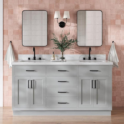 Isabella 66" Grey Double Bathroom Vanity, 1.5" Edge Italian Carrara Marble Countertop, 2 Rectangular Sinks, 4 Soft Closing Doors, 6 Dovetail Drawers