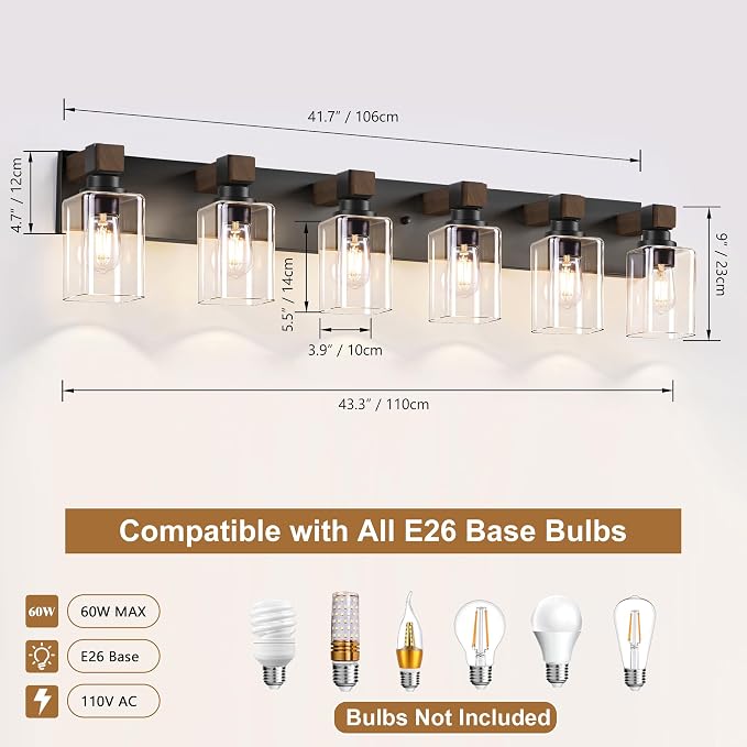 Farmhouse Black 6-Light Bathroom Vanity Light, Square Glass Shade | Vintage Rustic Design, Wood Grain Finish, Matte Black Metal, Wall Mount Over Mirror Lighting Fixtures for Bathroom Restroom